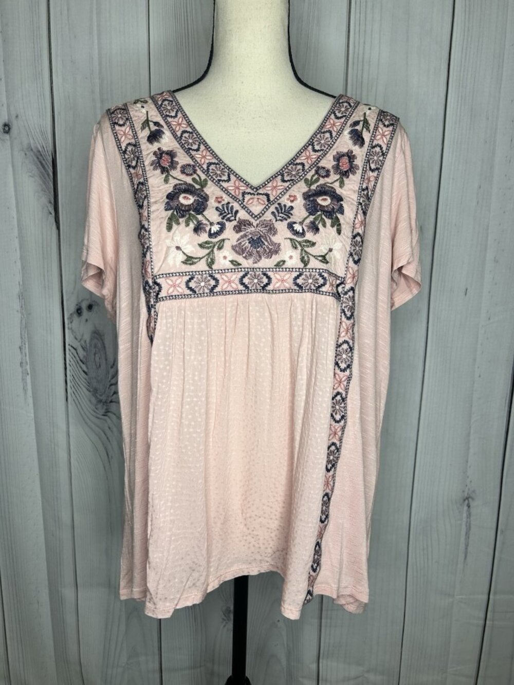 NWT Knox Rose Boho Peasant Blouse Sz XL Pink Embroidered Short Sleeve V-Neck